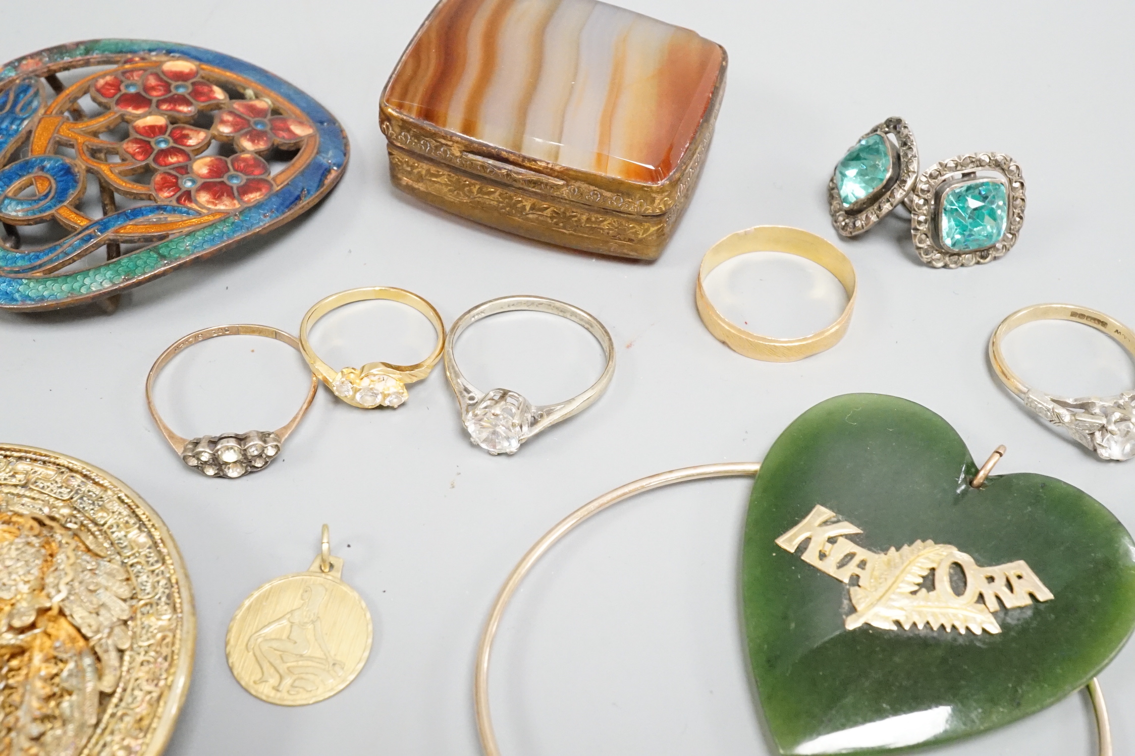 A quantity of mainly costume jewellery and other items including enamelled belt buckle.